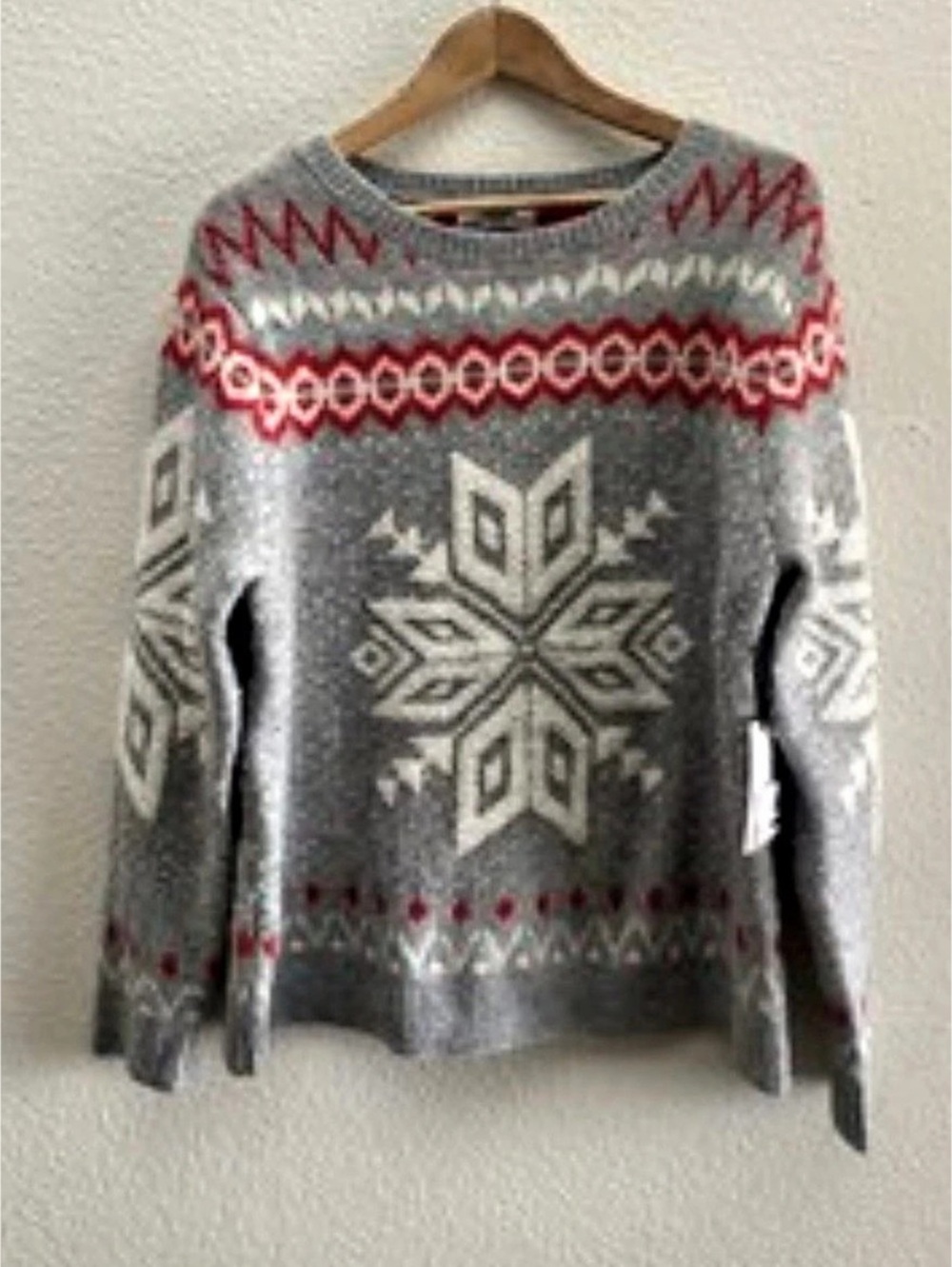 American Eagle Snowflake Fair Isle Crewneck Sweater Gray & Red Large
